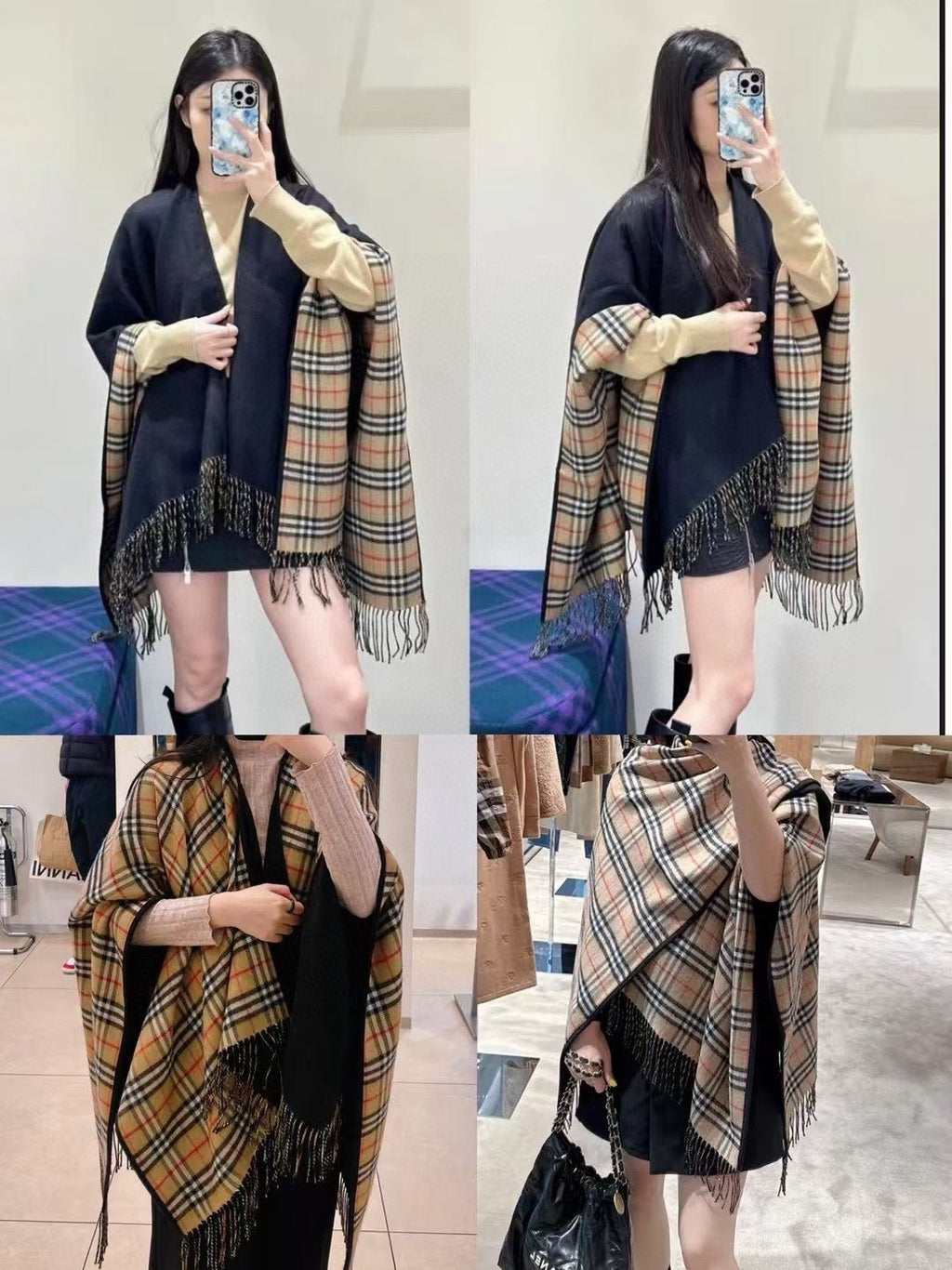 Burberry Reversible Plaid Fringed Poncho Wrap — model