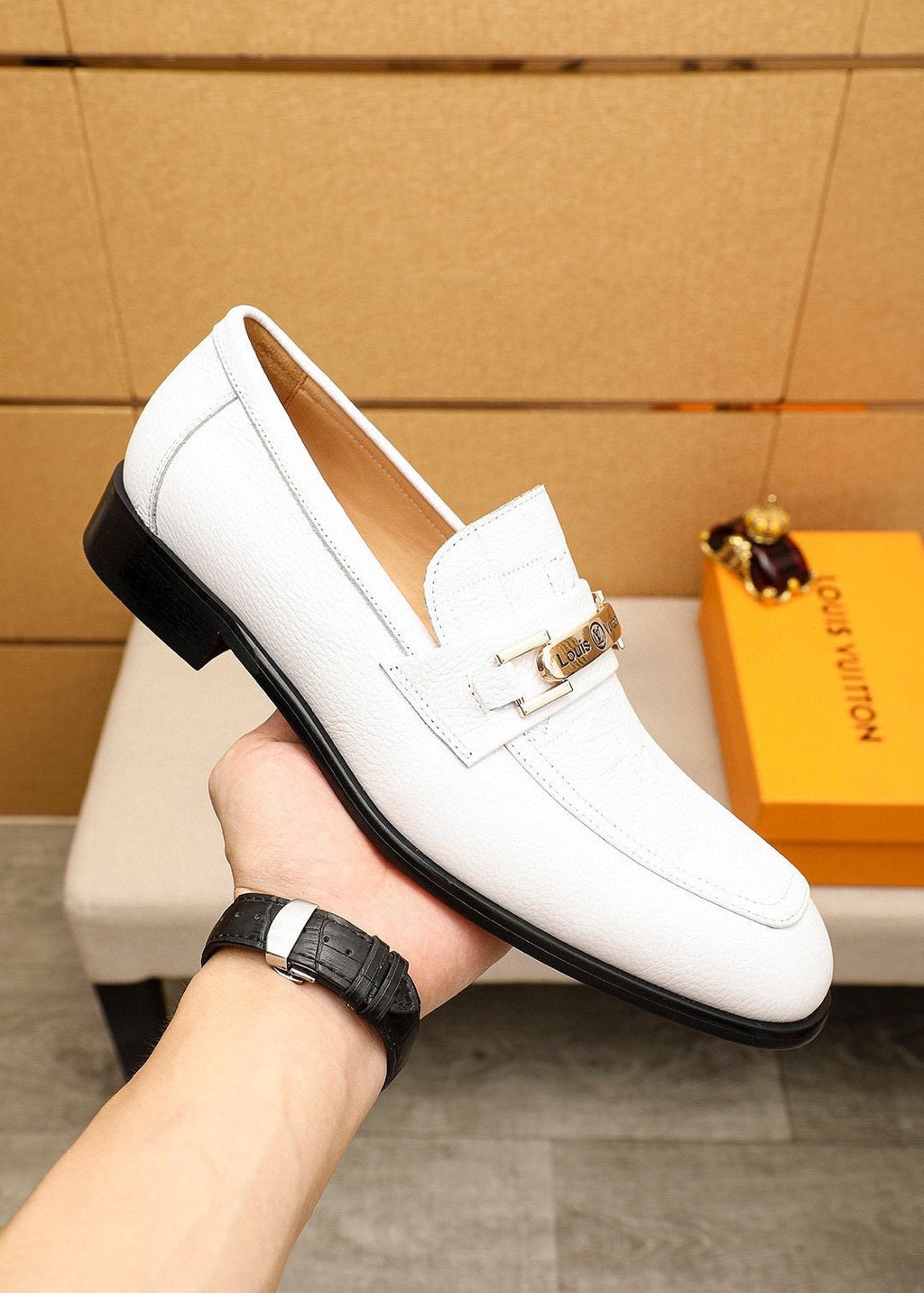 Louis Vuitton White Textured Bar Loafers — model