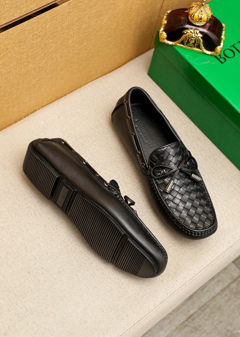 Bottega Veneta Black Woven Bow Loafers — side