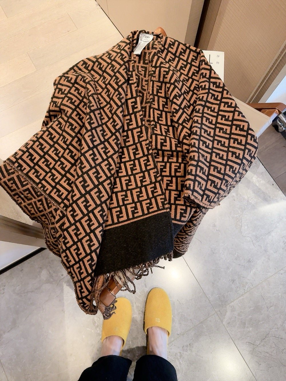 Fendi Brown and Black Fringed Cape — front