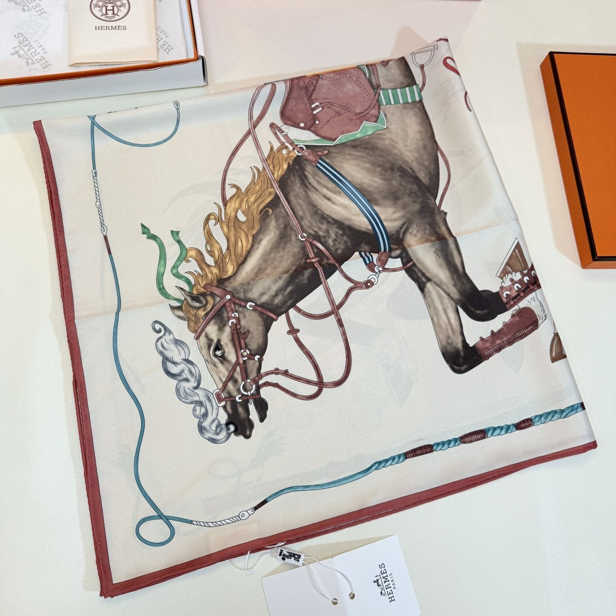 Hermès Cream Equestrian Silk Square Scarf — front