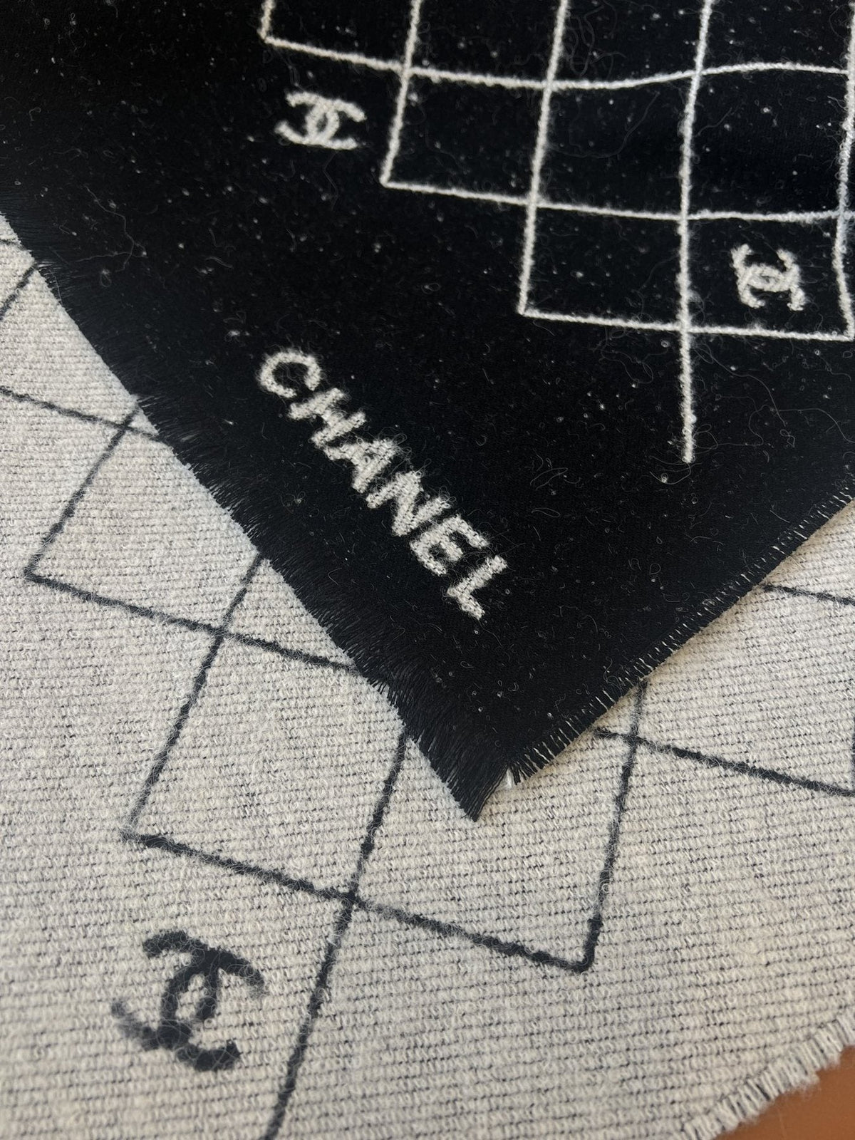 Chanel Black & Ivory Grid Shawl — detail