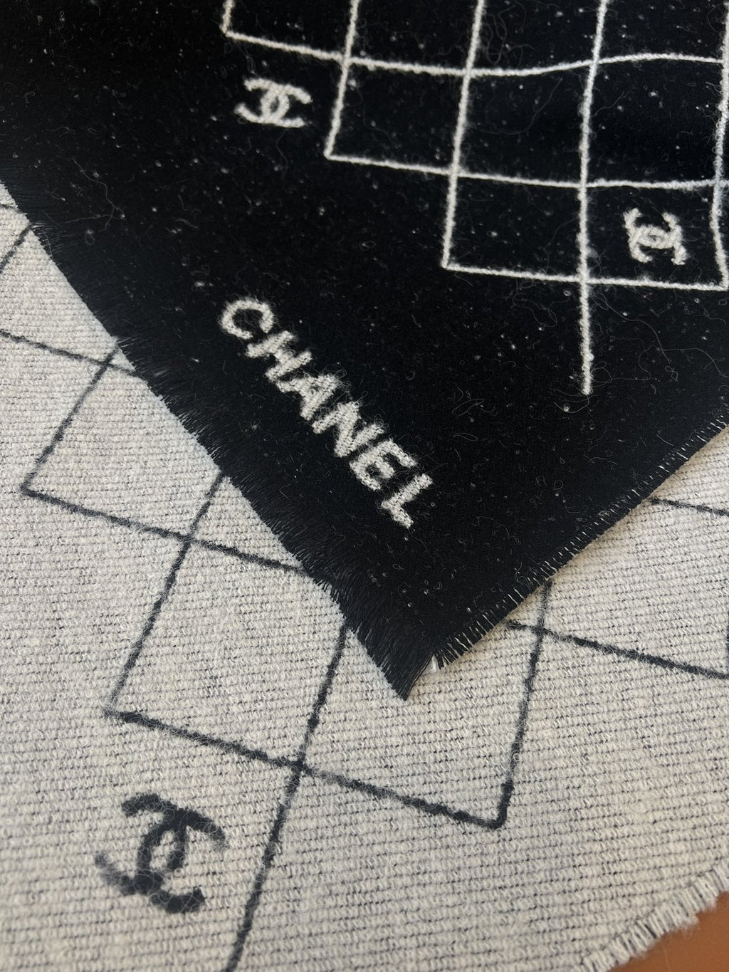 Chanel Black and Ivory Grid Shawl Scarf — detail