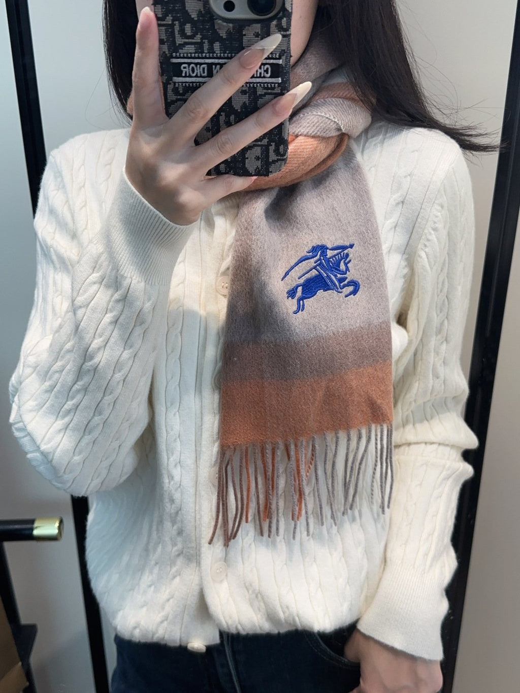 Burberry Taupe Plaid Fringed Scarf — model