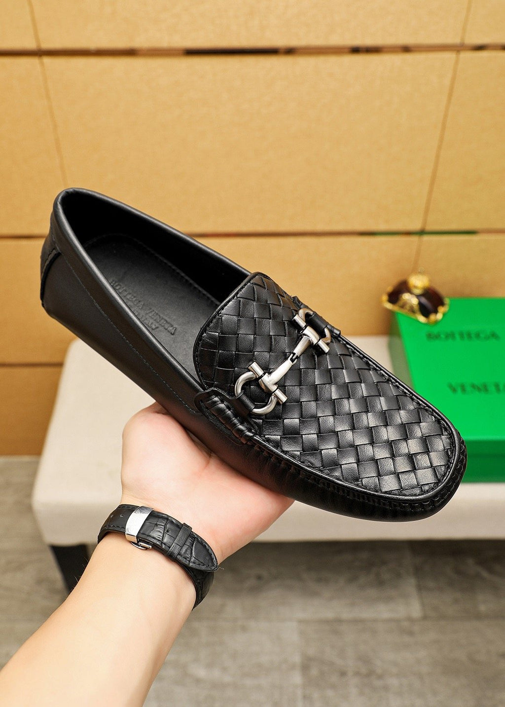 Bottega Veneta Black Woven Bit Driving Loafers — model