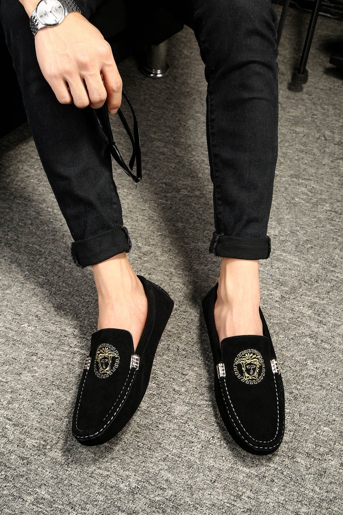Versace Black Gold Emblem Loafers — front