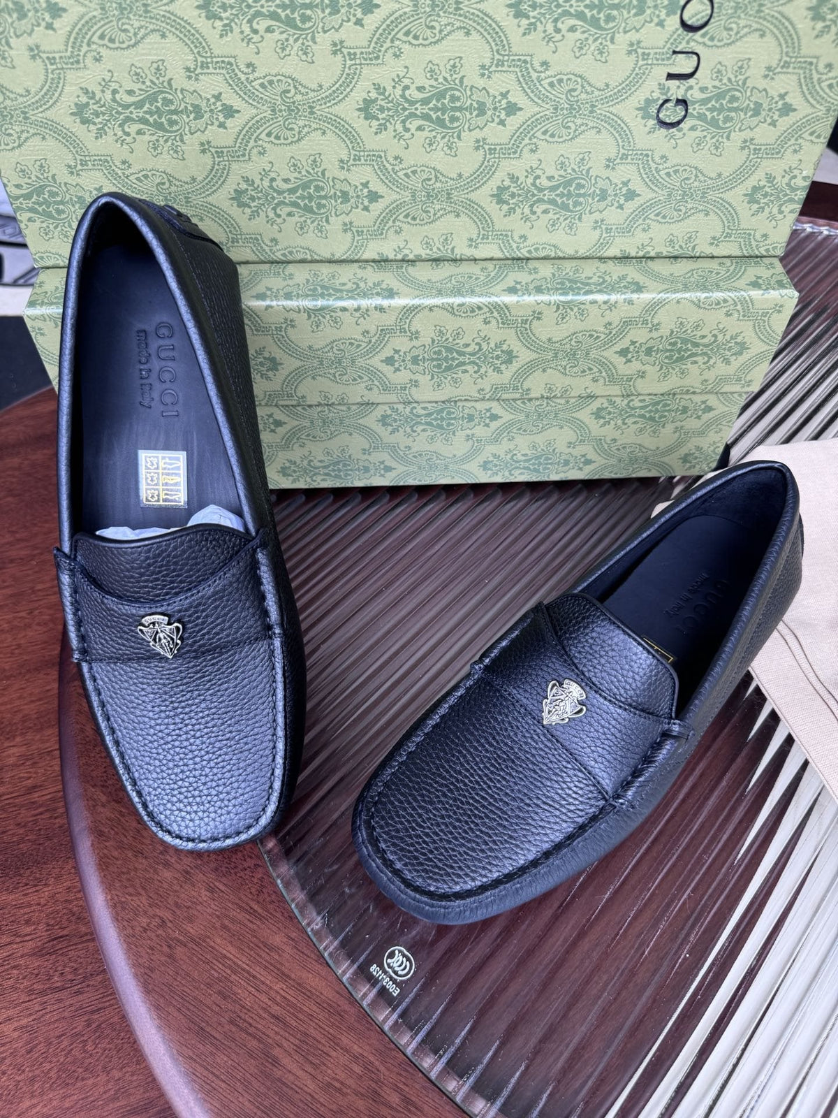 Gucci Dark Navy Pebbled Leather Driving Loafers — hero
