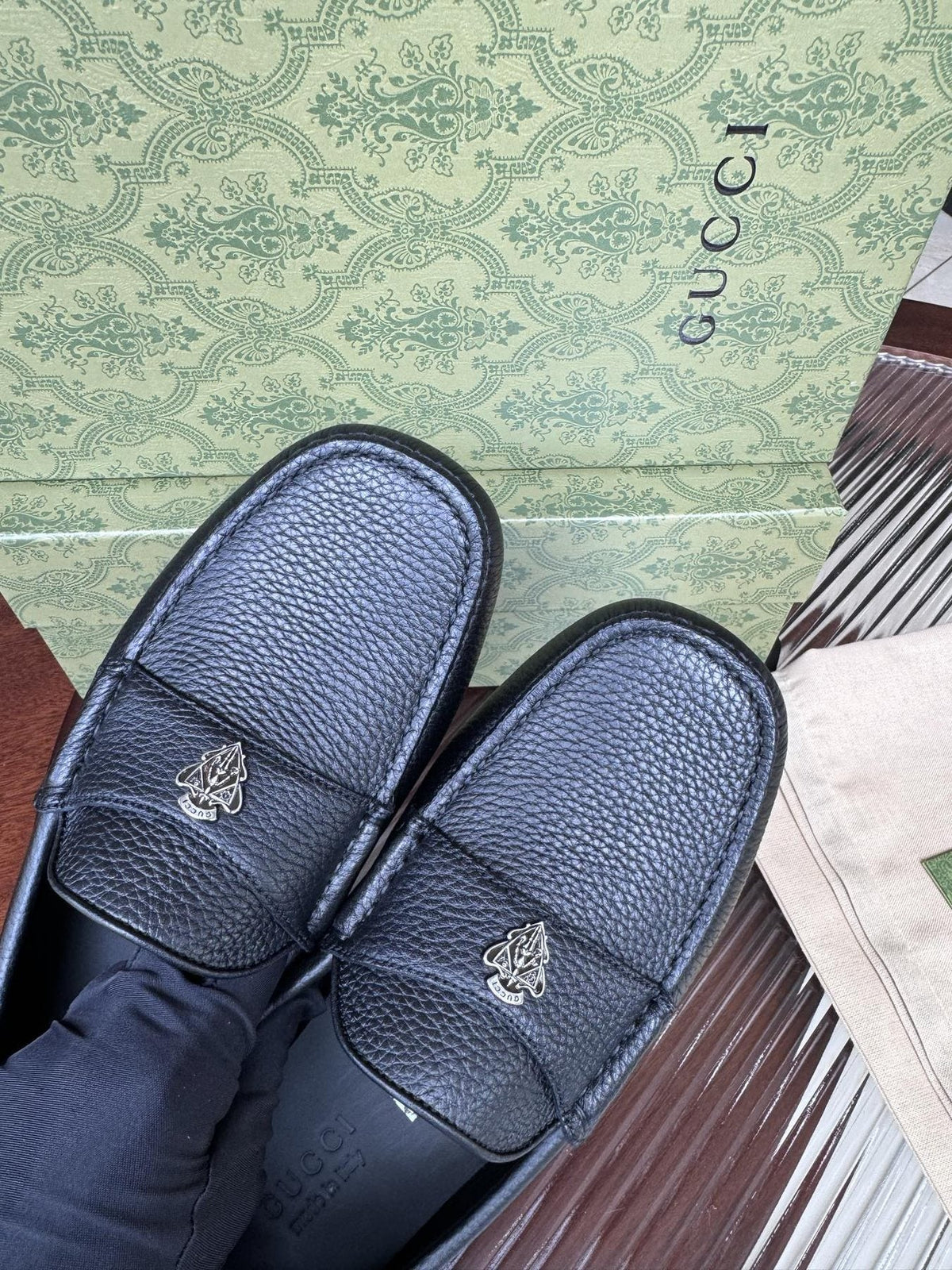Gucci Dark Navy Pebbled Leather Driving Loafers — model