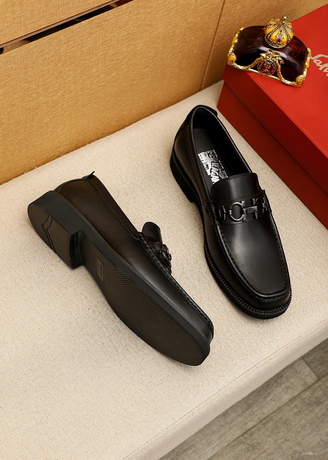 Ferragamo Black Hardware Loafers — side