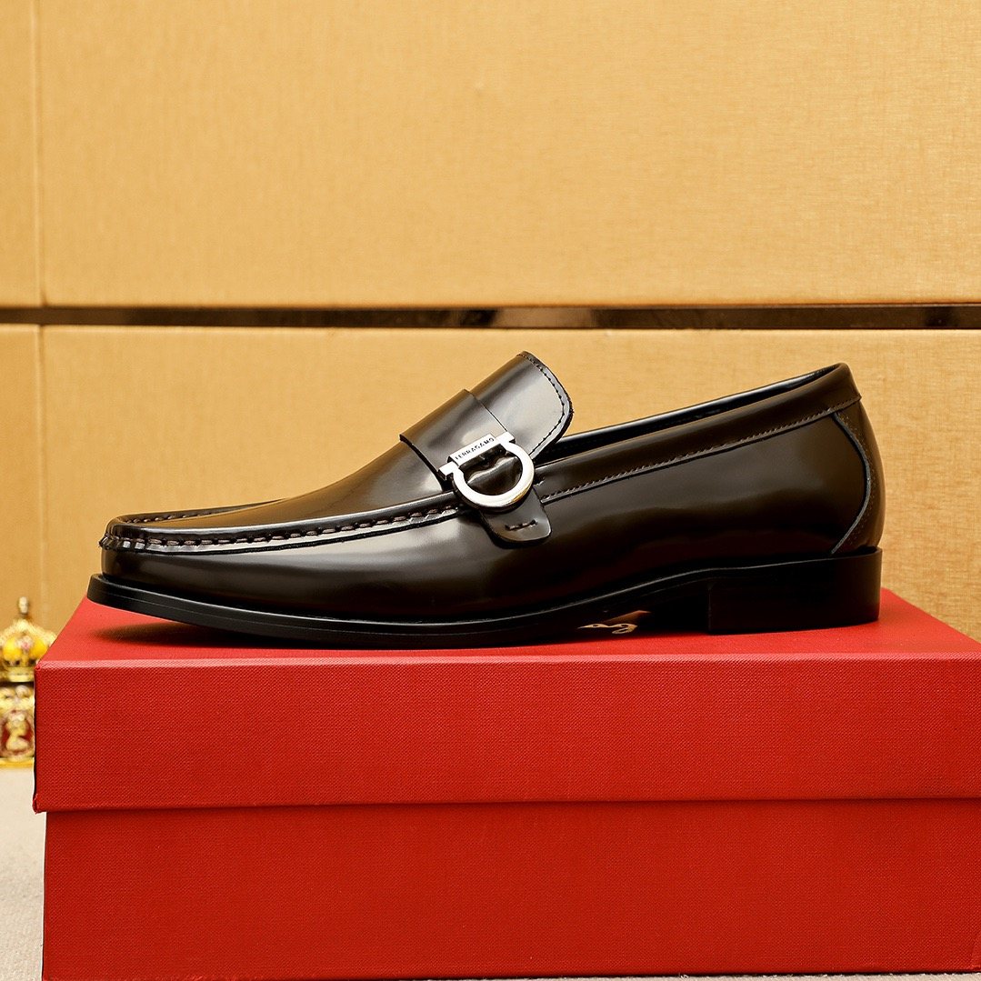 Ferragamo Black Buckle Moc-Toe Loafers — side