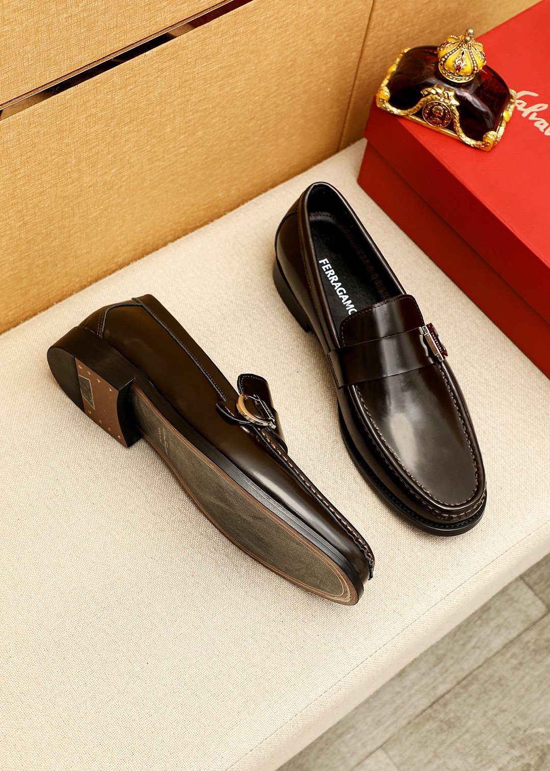 Ferragamo Black Buckle Moc-Toe Loafers — side