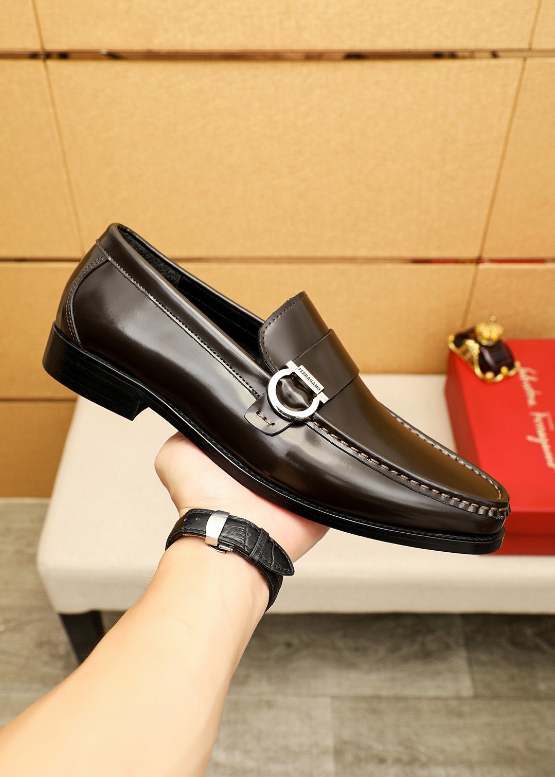 Ferragamo Black Buckle Moc-Toe Loafers — model