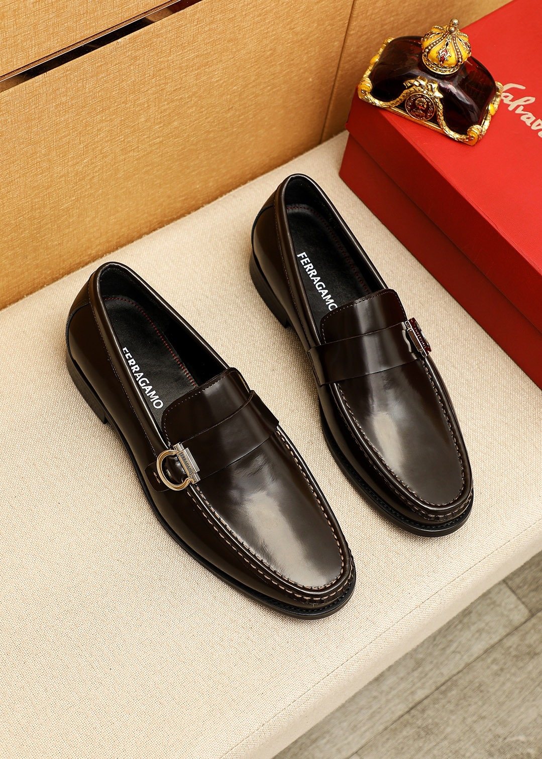 Ferragamo Black Buckle Moc-Toe Loafers — front