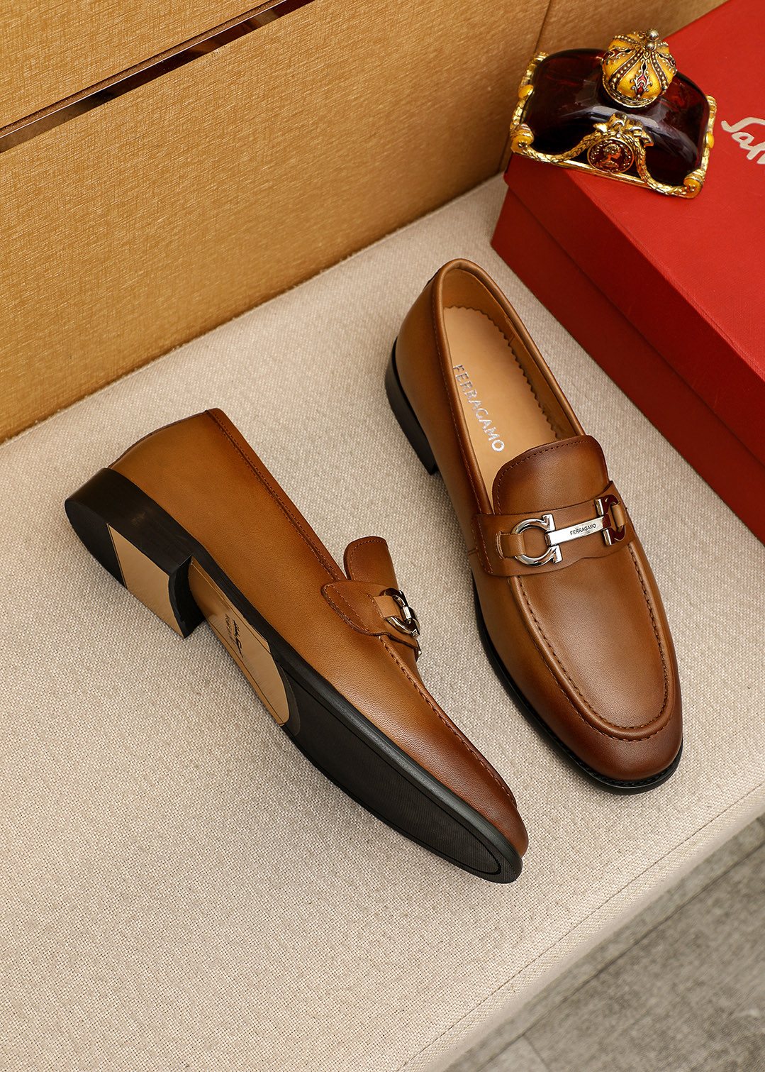 Ferragamo Brown Metal-Accent Loafers — front