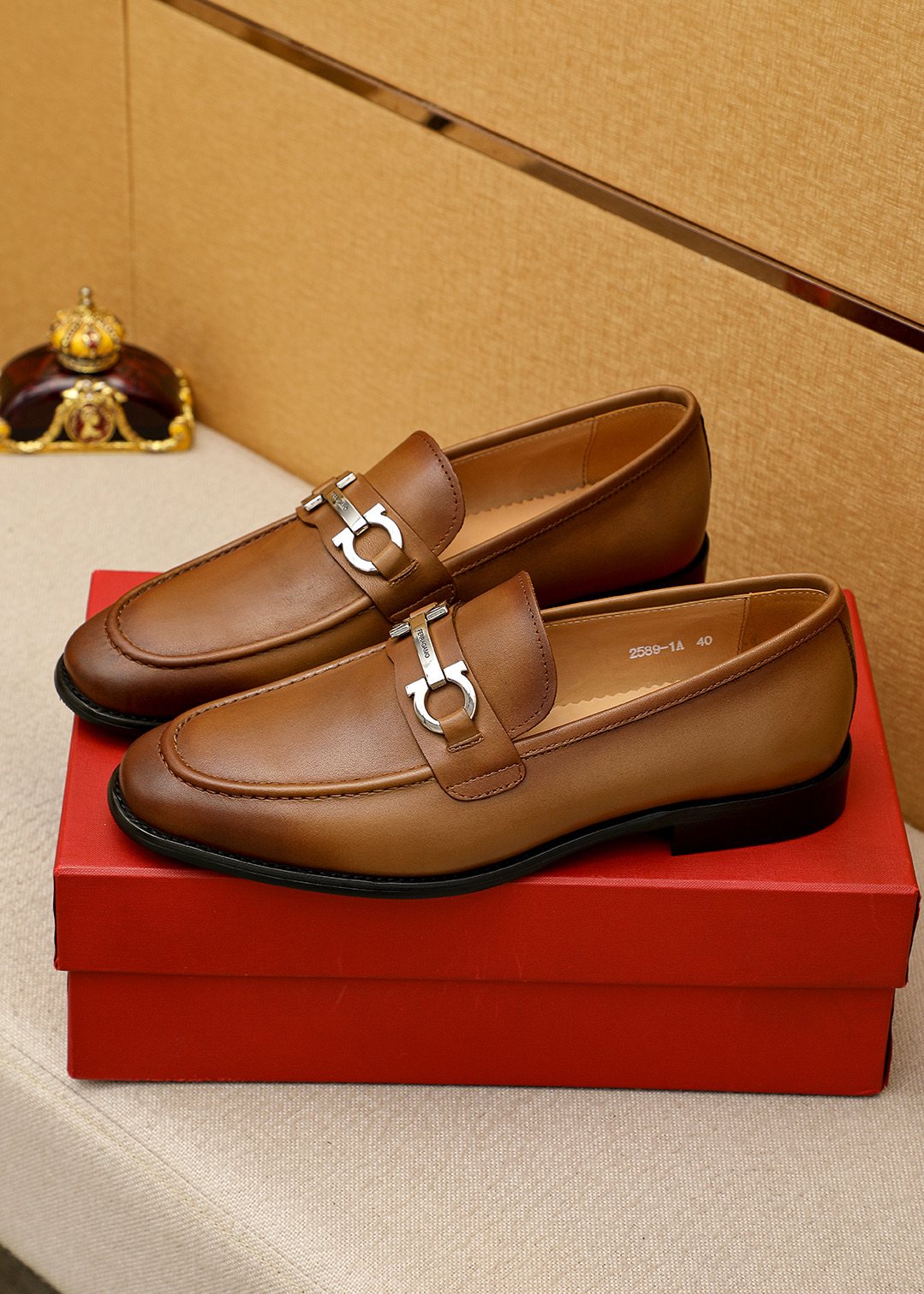 Ferragamo Brown Metal-Accent Loafers — front