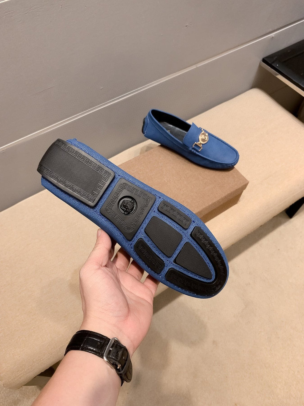 Versace Blue Gold-Hardware Loafers — detail