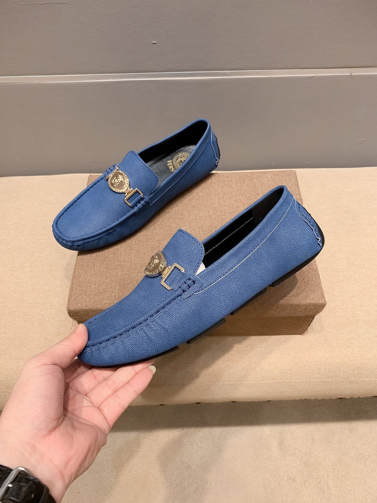 Versace Blue Gold-Hardware Loafers — front