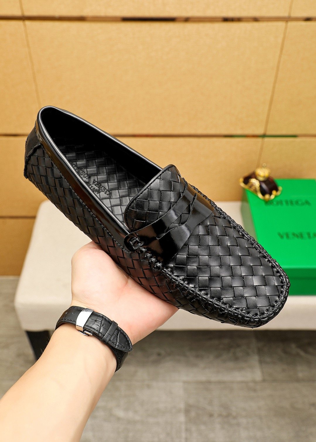 Bottega Veneta Black Woven Slip-On Loafers — model