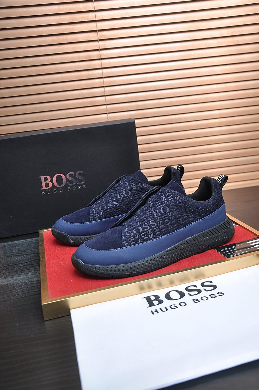 BOSS Navy Blue Textured Slip-On Sneakers — side