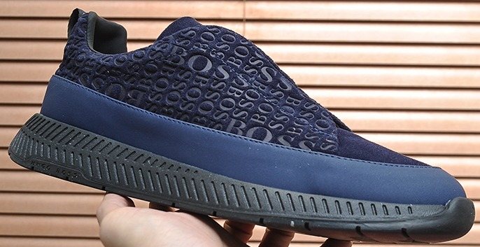 BOSS Navy Blue Textured Slip-On Sneakers — front