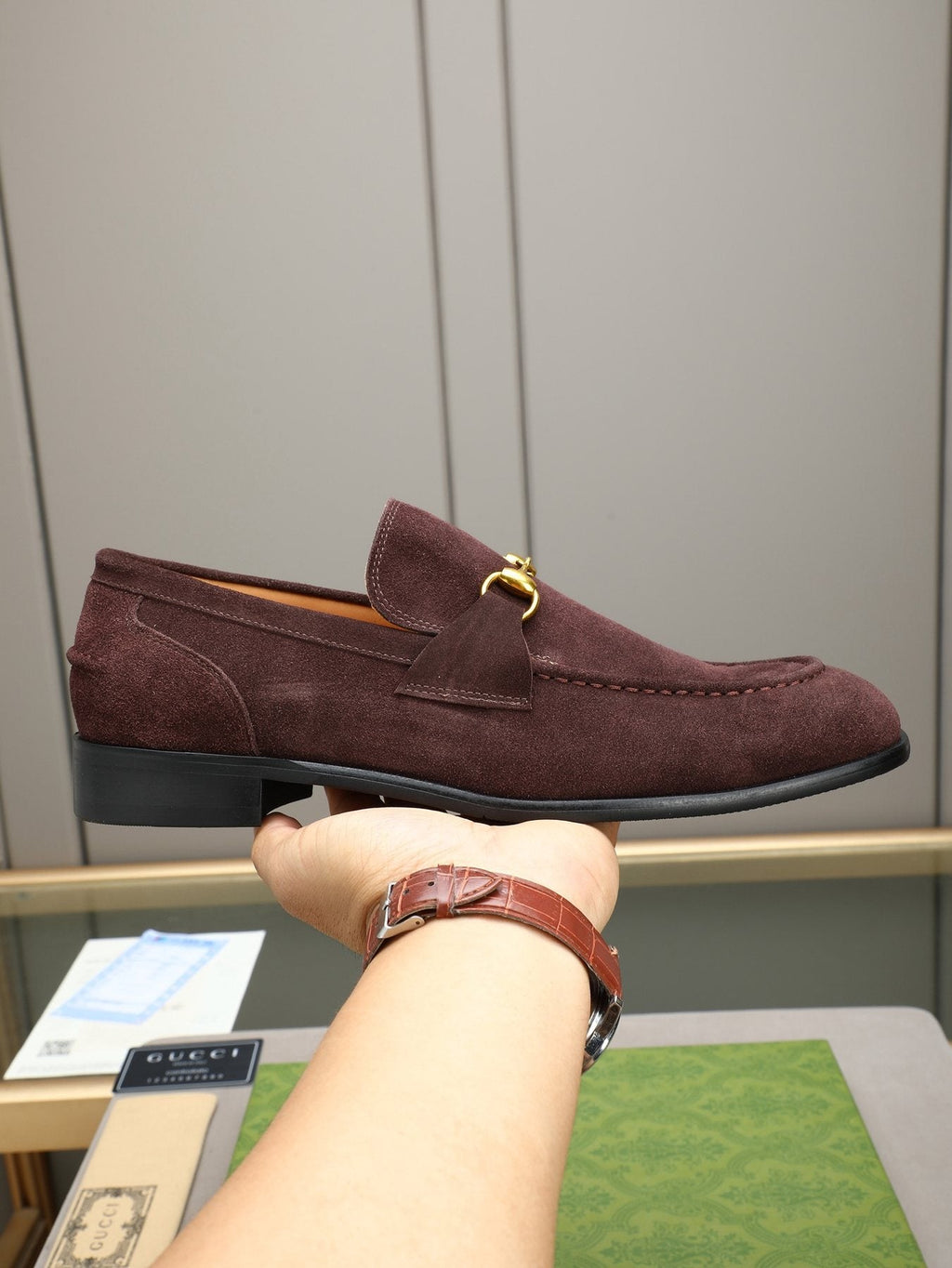 Gucci Burgundy Horsebit Loafers — model