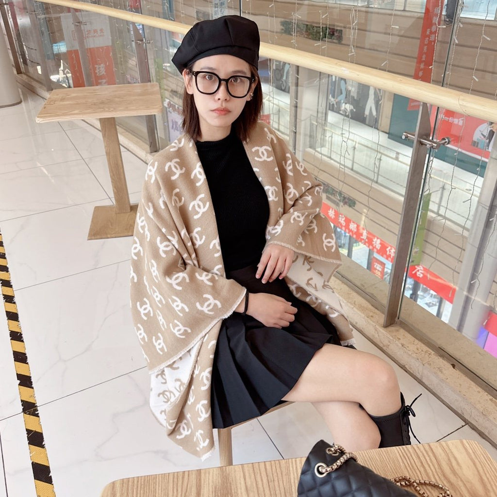 Chanel Fringed Motif Shawl — model