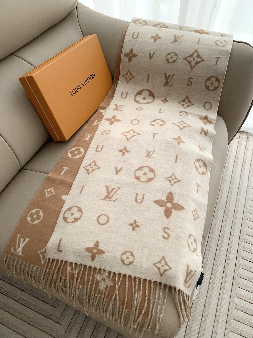 Louis Vuitton Beige Ivory Fringed Scarf — front
