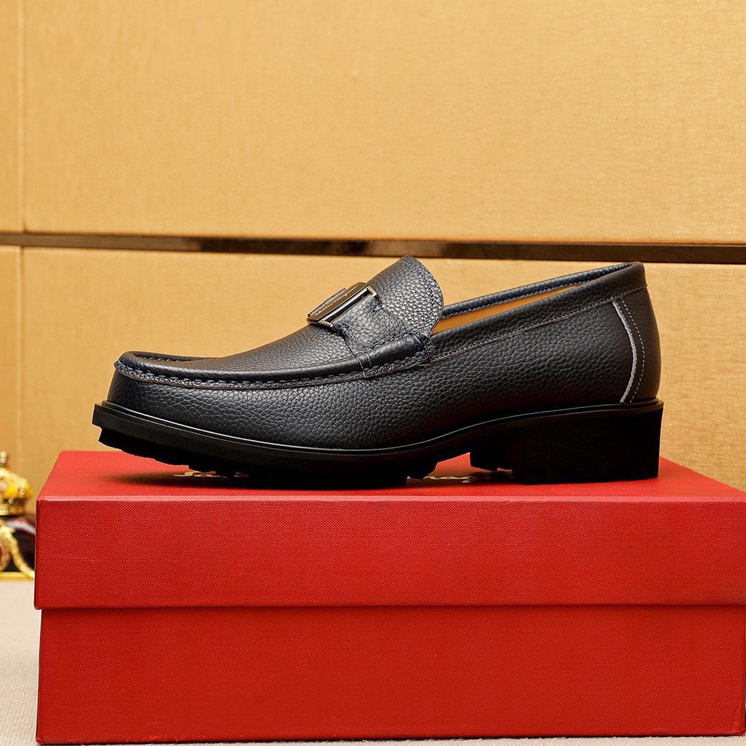 Ferragamo Black Buckle Leather Loafers — side