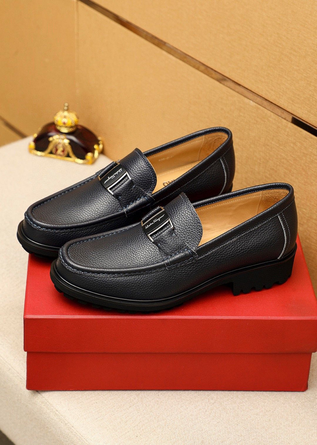 Ferragamo Black Buckle Leather Loafers — front