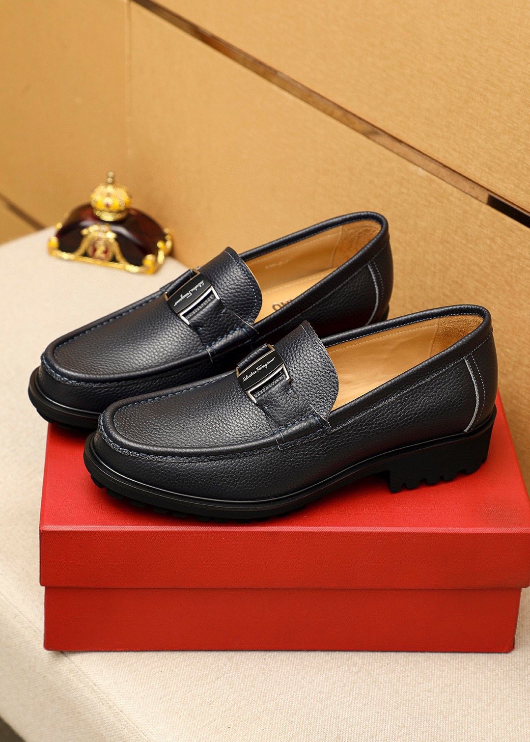 Ferragamo Black Buckle Leather Loafers — front