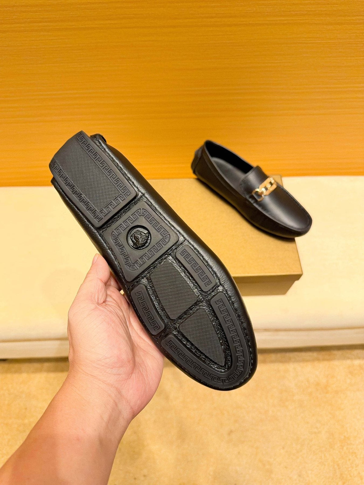 Versace Black Textured Hardware Loafers — detail