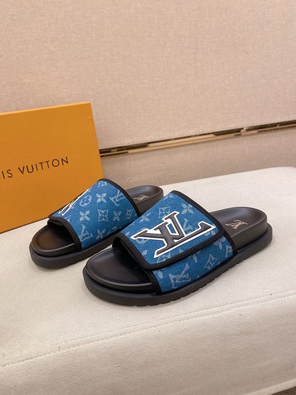 Louis Vuitton Blue Patterned Slide Sandals — side