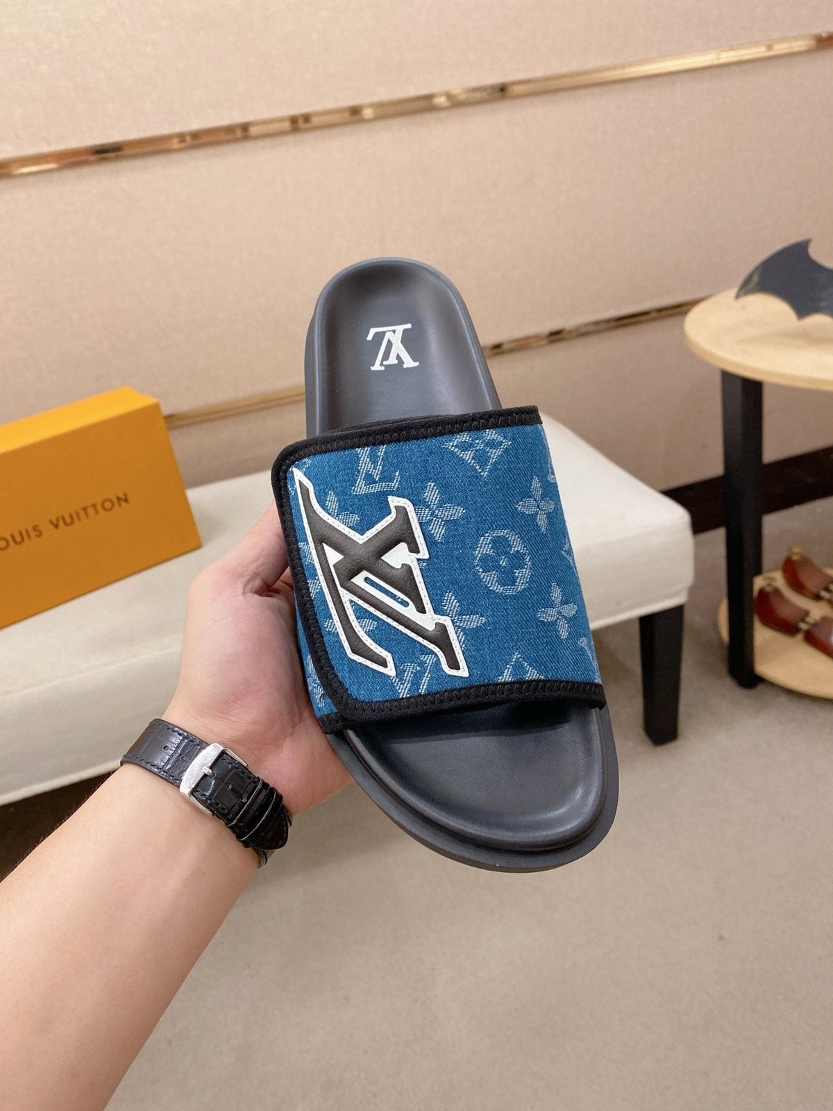 Louis Vuitton Blue Patterned Slide Sandals — front