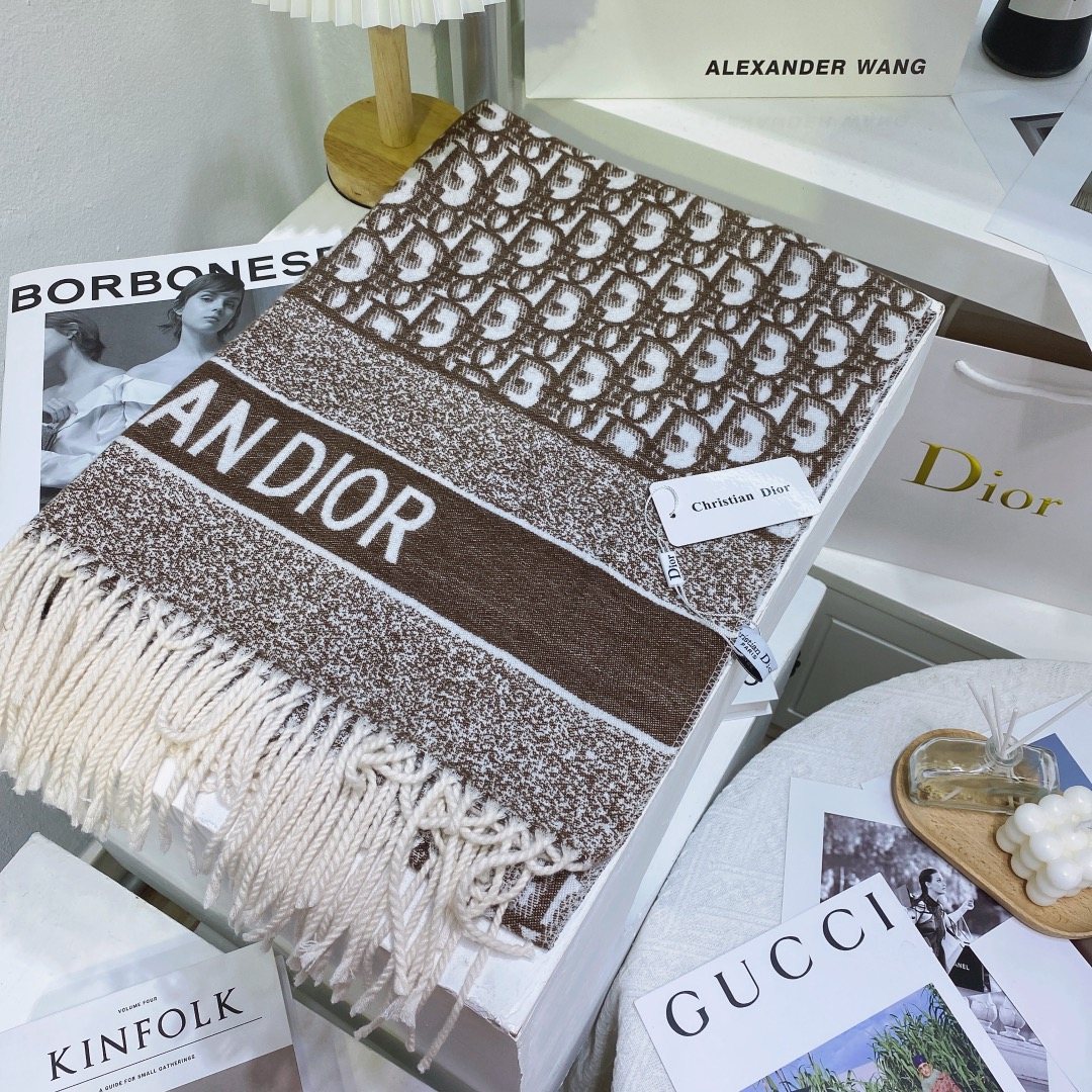 Dior Brown & Ivory Fringed Scarf — front