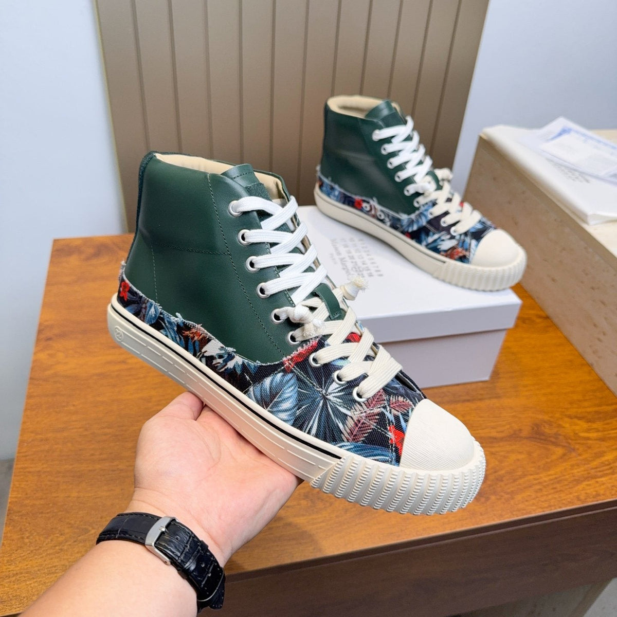 Maison Margiela Dark Green Floral High-Top Sneakers — side