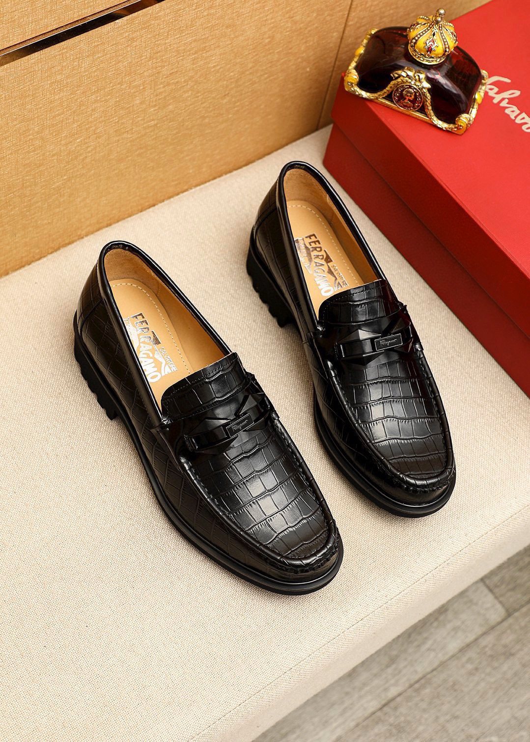 Ferragamo Black Embossed Leather Loafers — hero