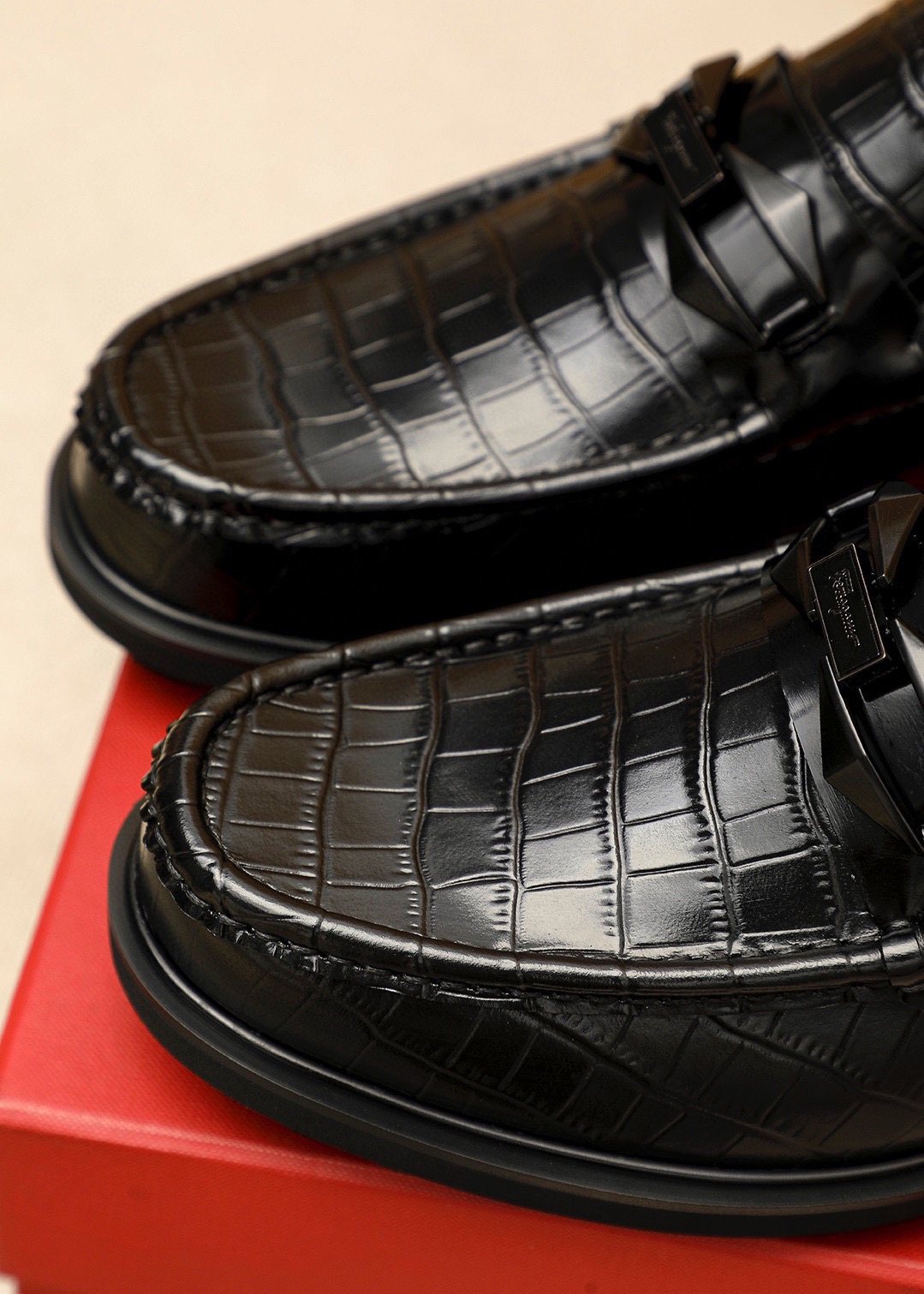 Ferragamo Black Embossed Leather Loafers — detail