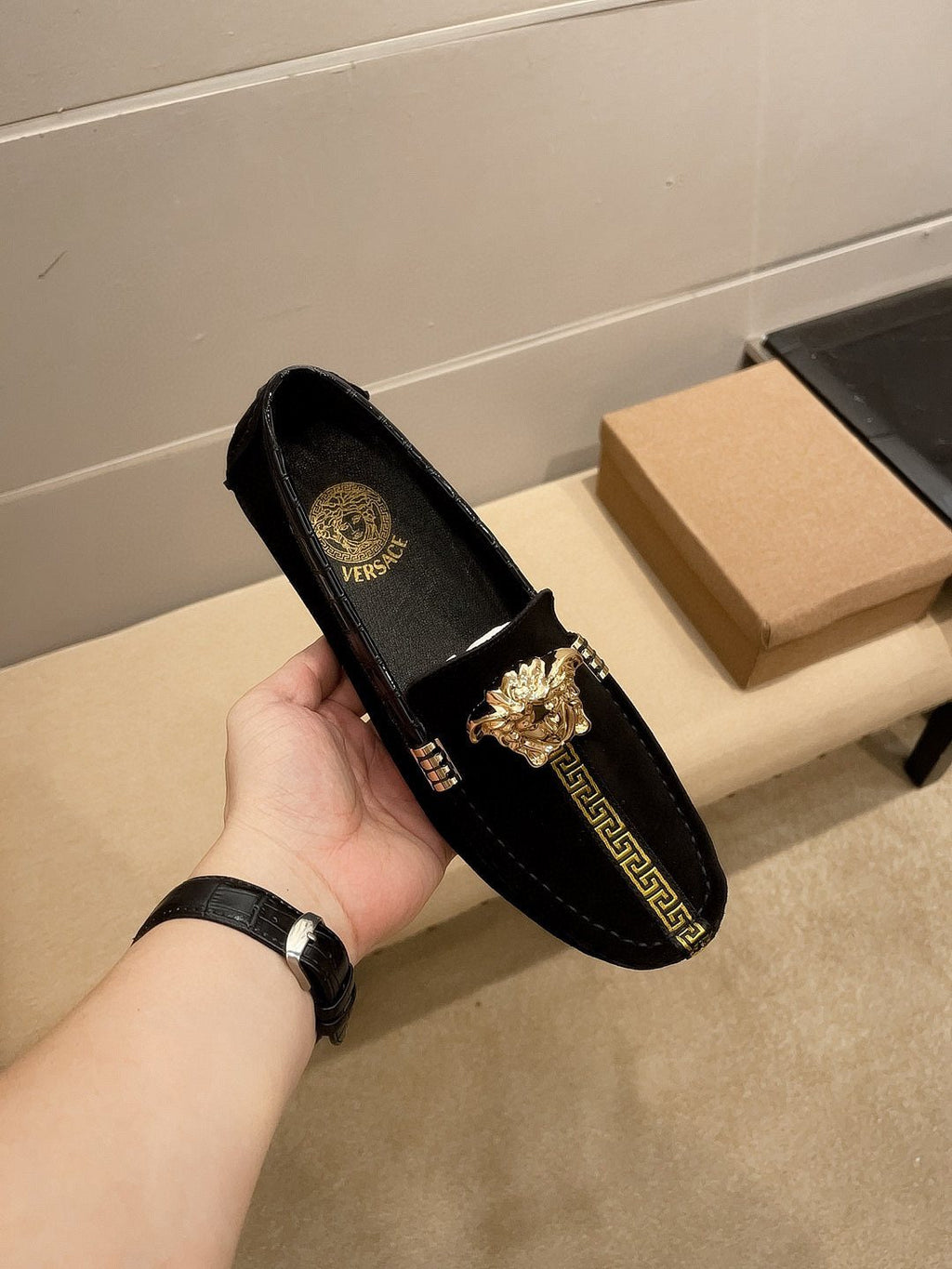 Versace Black Gold-Tone Hardware Loafers — front