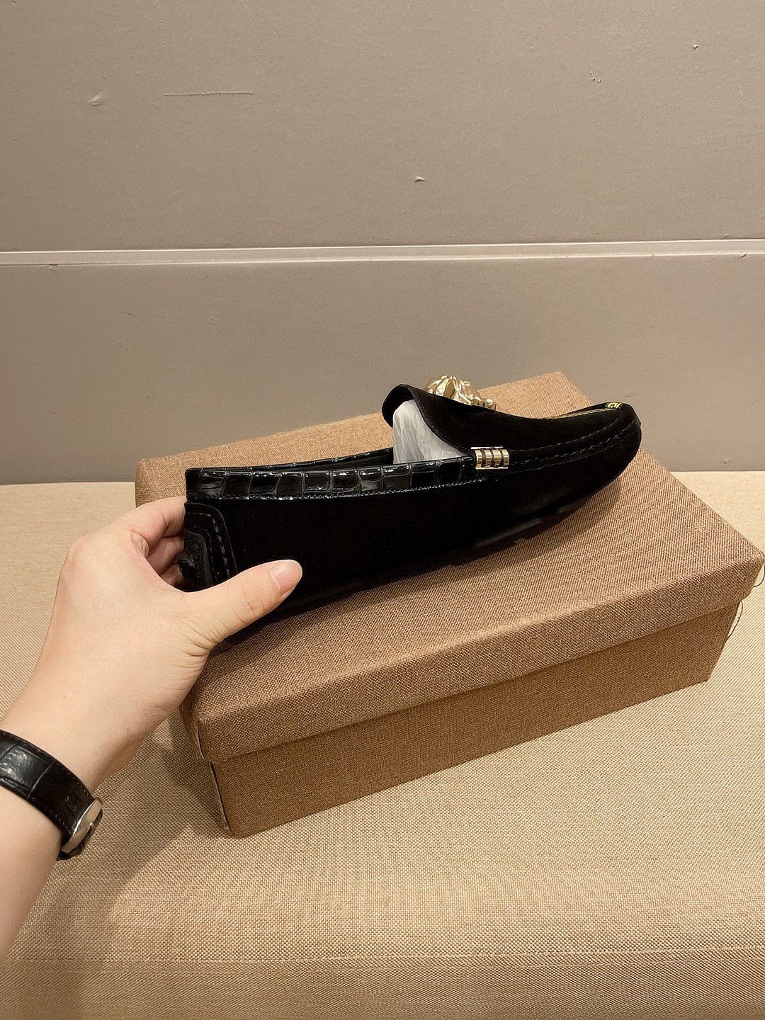 Versace Black Gold-Tone Hardware Loafers — side