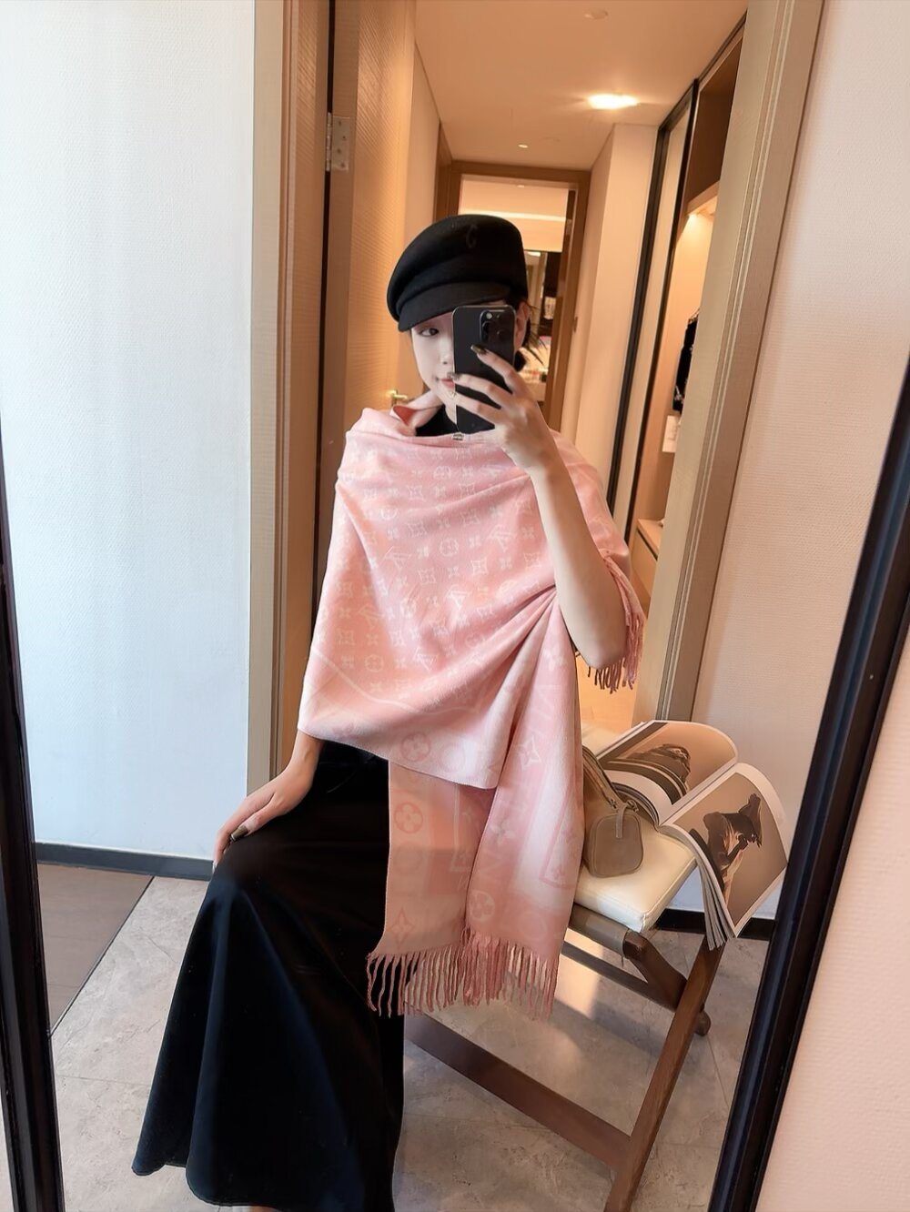 Louis Vuitton Monogram Fringe Scarf — model