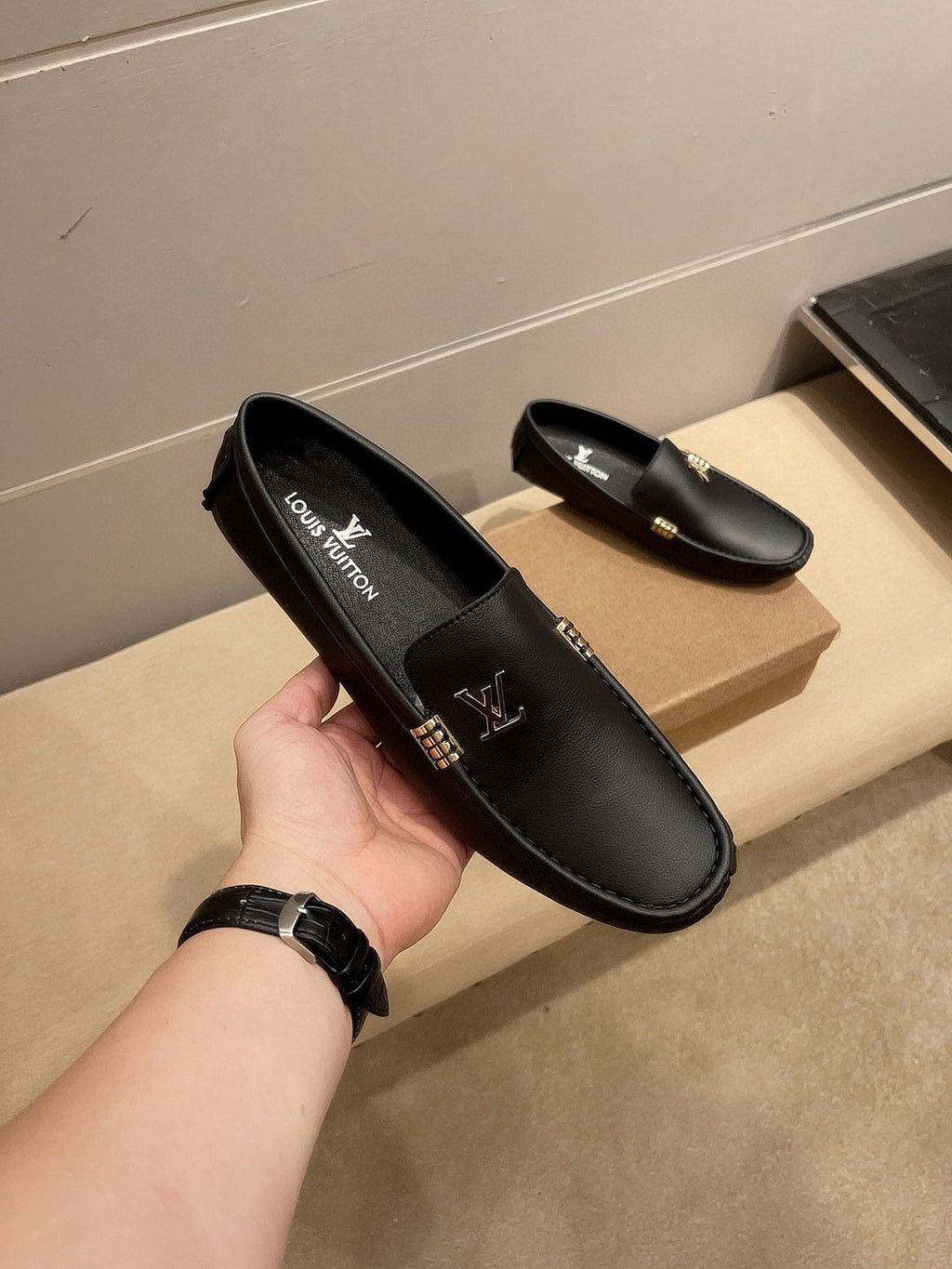 Louis Vuitton Black Pebbled Leather Loafers — front