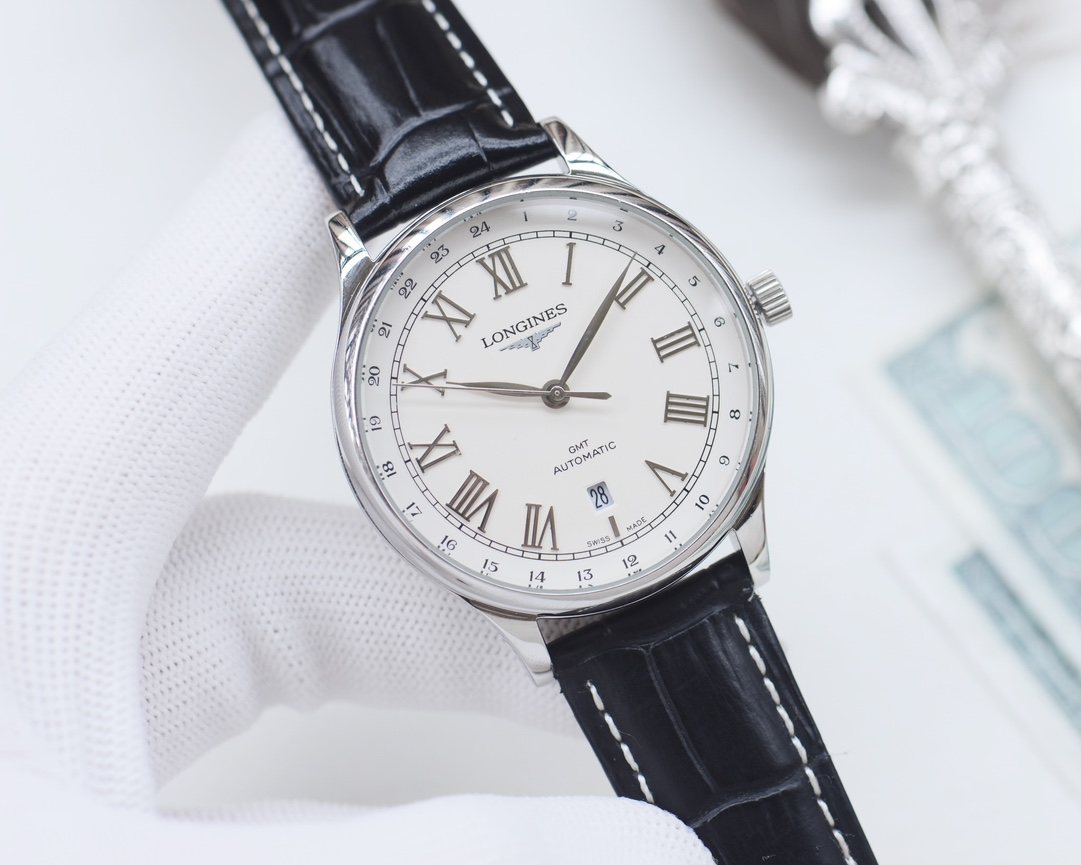 Longines Silver Black White Dial Leather Strap Watch — hero