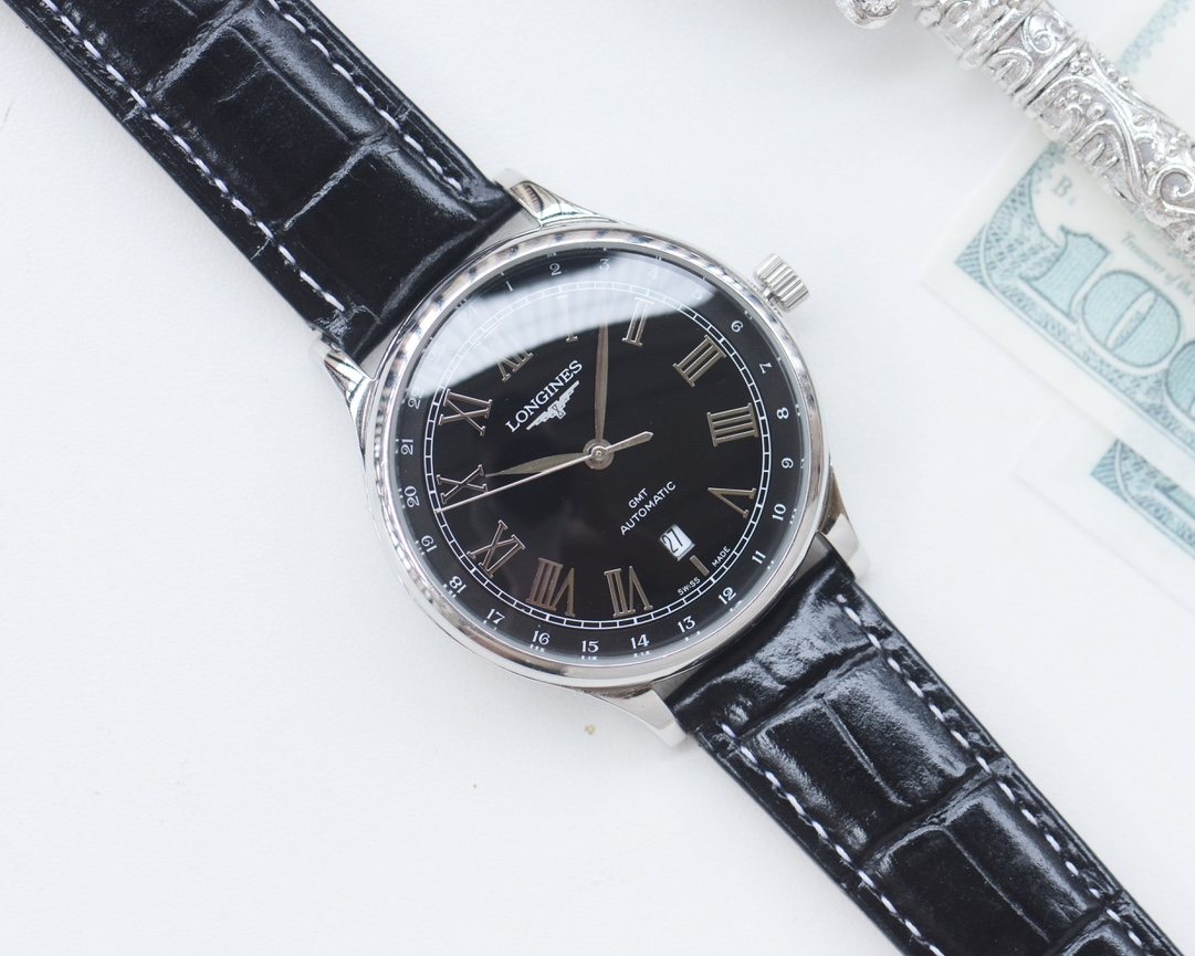 Longines Silver Black Dial Leather Strap Watch — hero