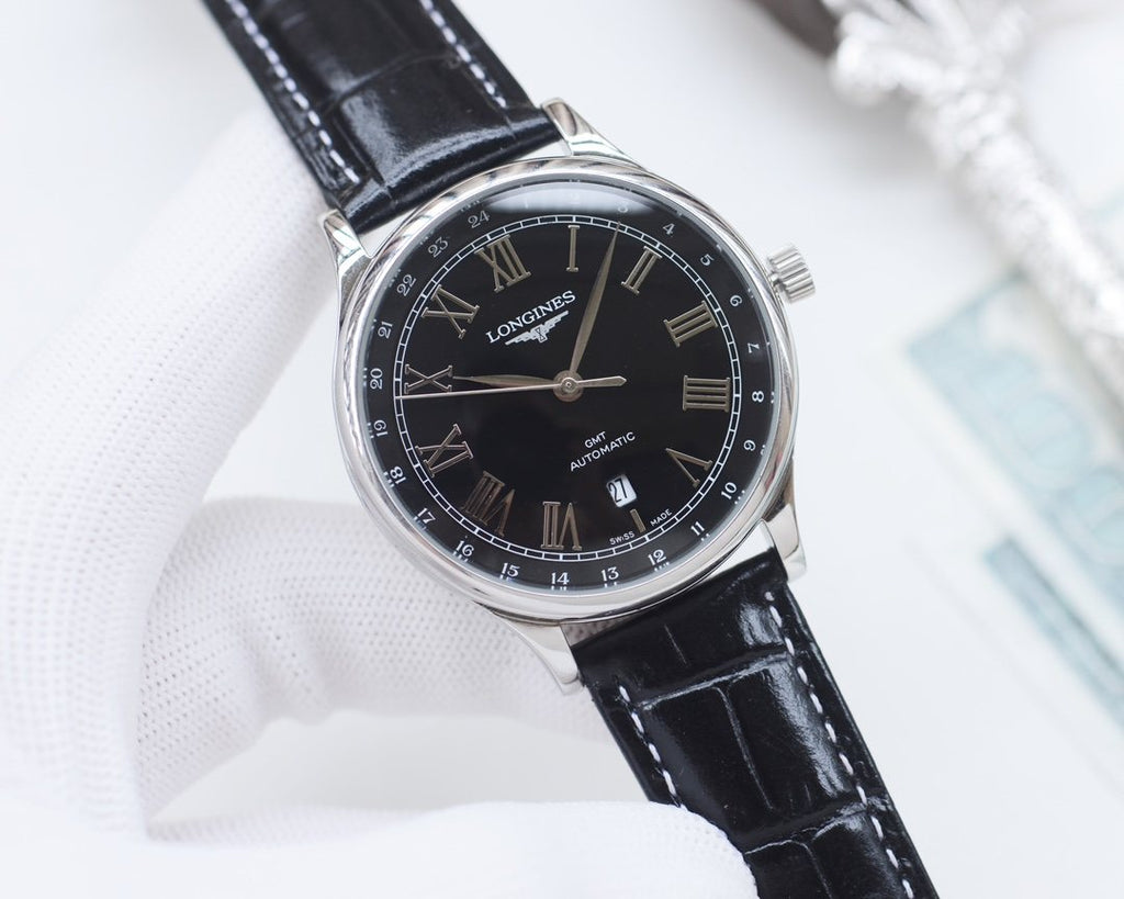 Longines Silver Black Dial Leather Strap Watch — front