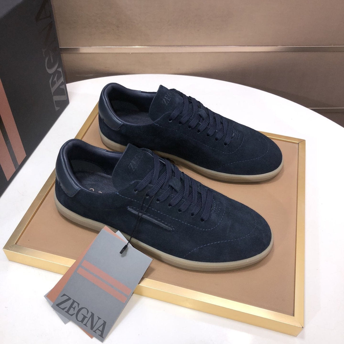 Zegna Navy Suede Sneakers — hero