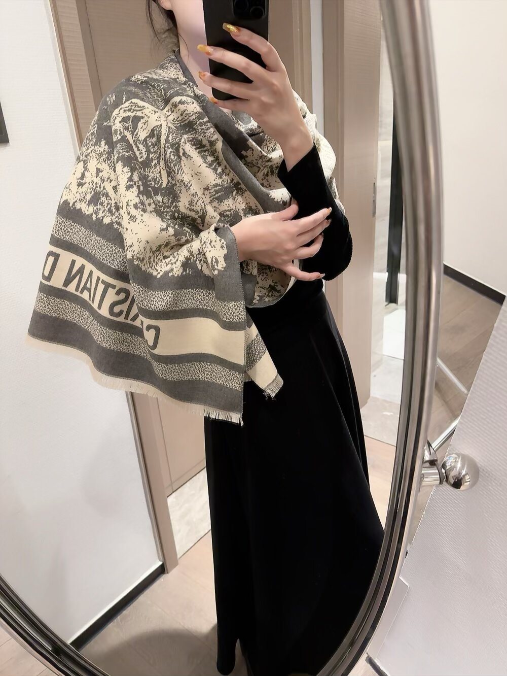 Dior Animal-Print Fringed Scarf — model