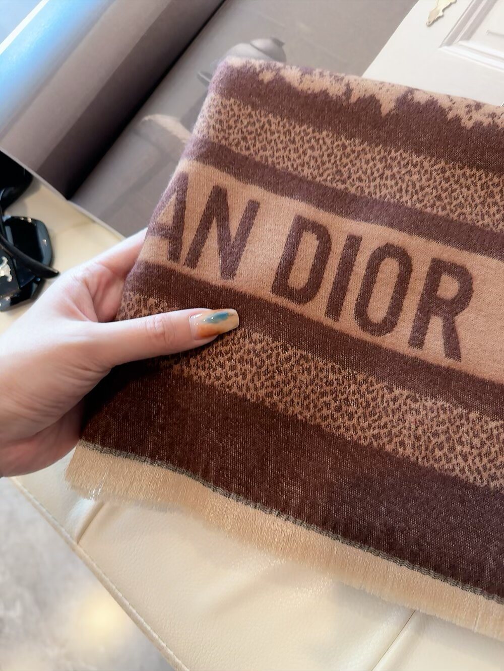 Dior Animal-Print Fringed Scarf — detail
