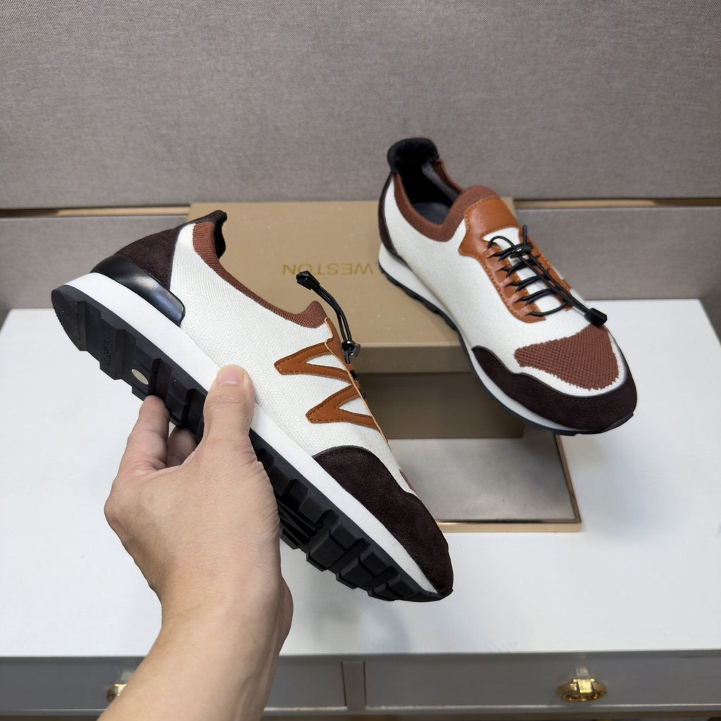 White, Brown & Tan Panel Sneakers — model