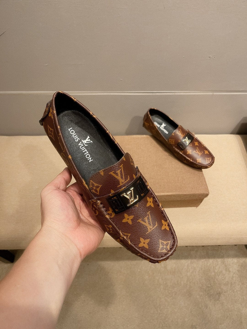 Louis Vuitton Brown Monogram Hardware Loafers — front