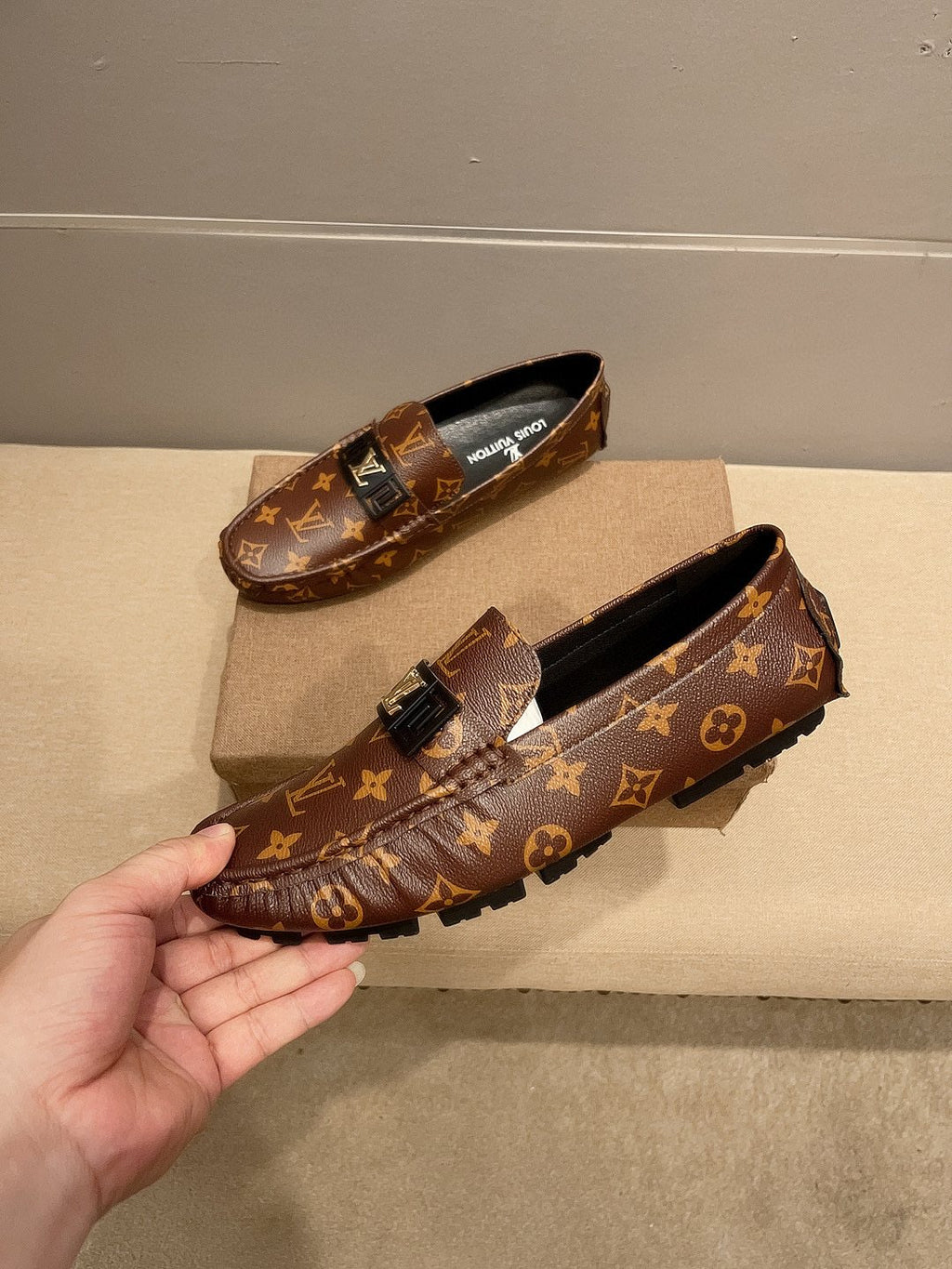 Louis Vuitton Brown Monogram Hardware Loafers — front